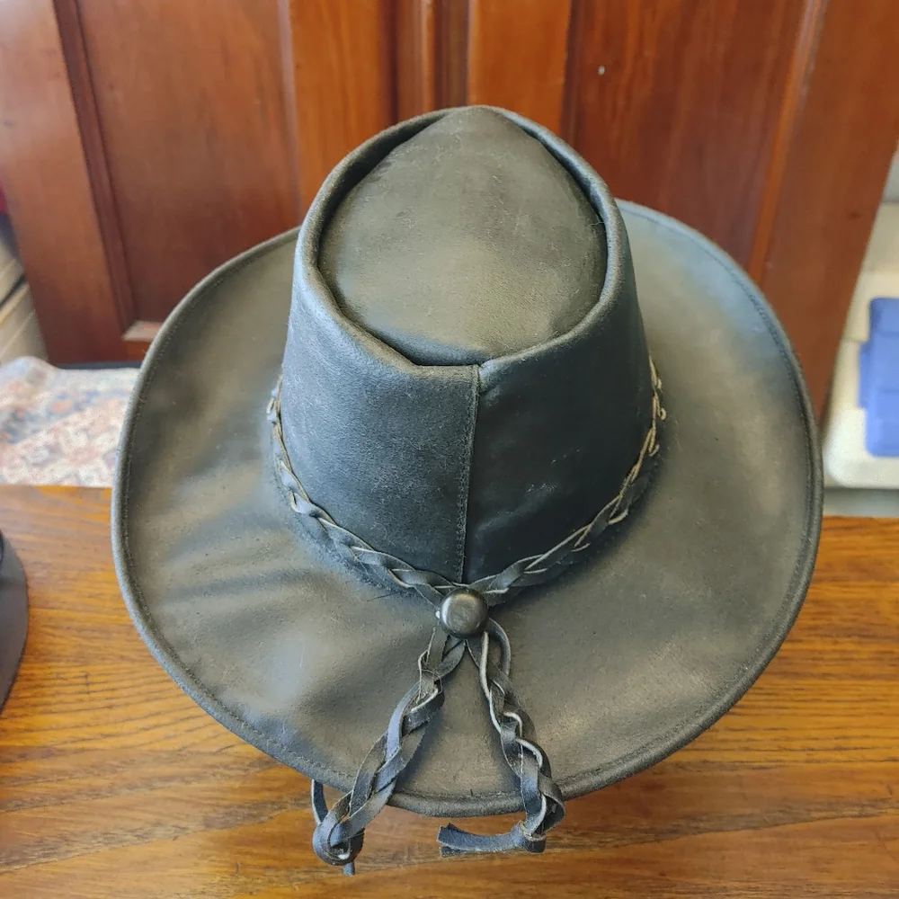 VINTAGE Black Leather Cowboy Hat US size M (abt 7-1/8 - 7-1/4) HANDMADE EC